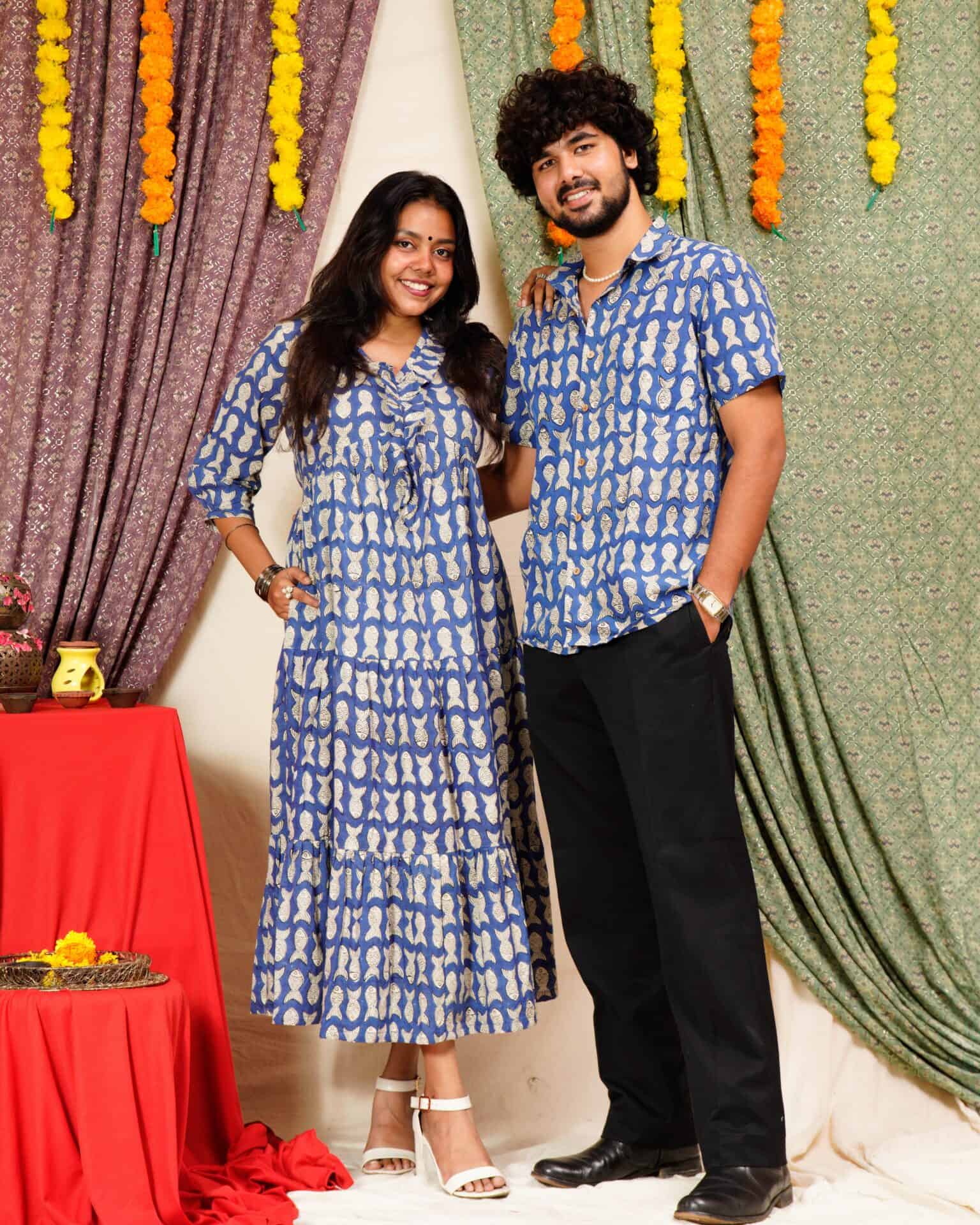 Blue Fish Print Long Frill Couple Set