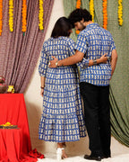 Blue Fish Print Long Frill Family Set