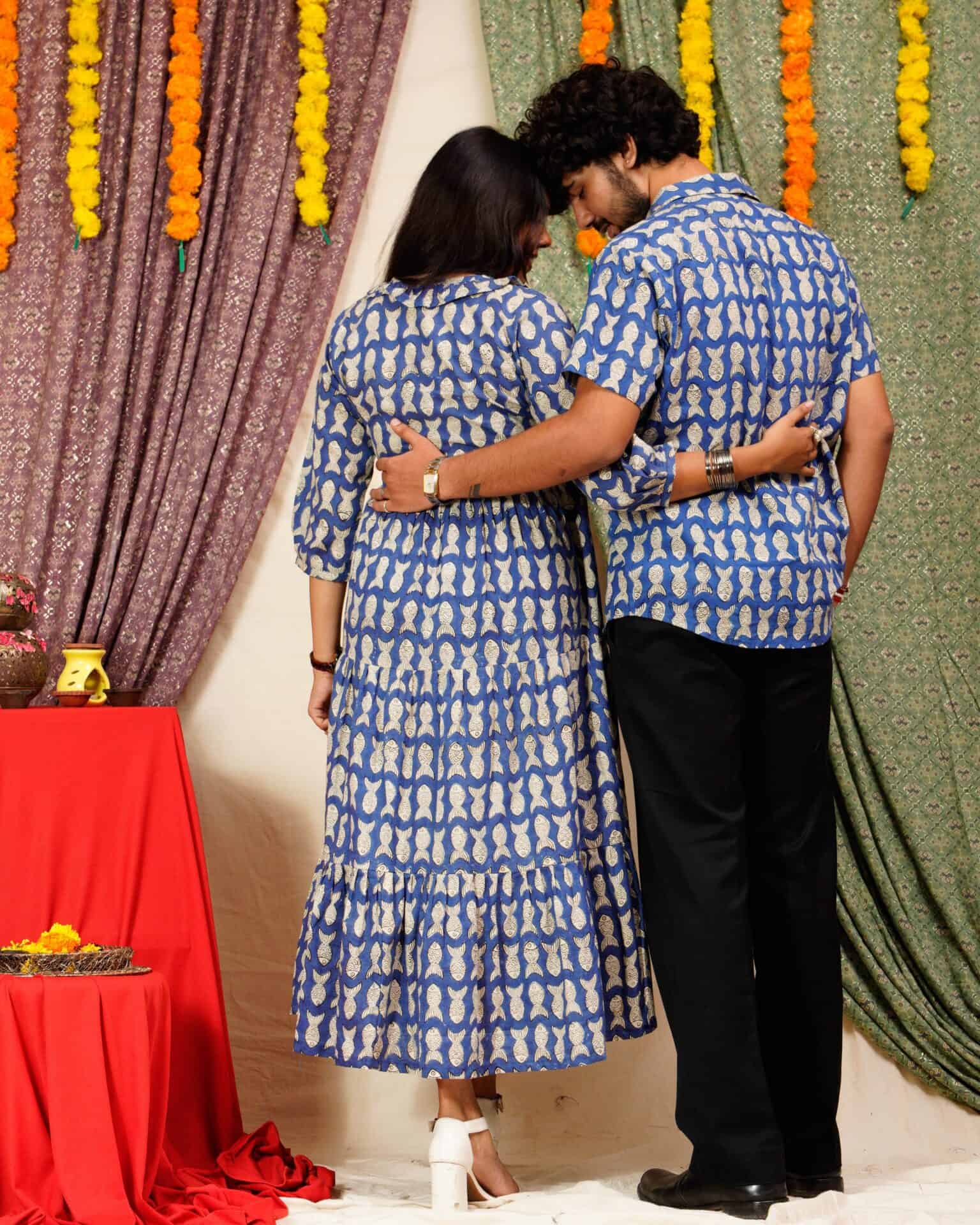 Blue Fish Print Long Frill Family Set