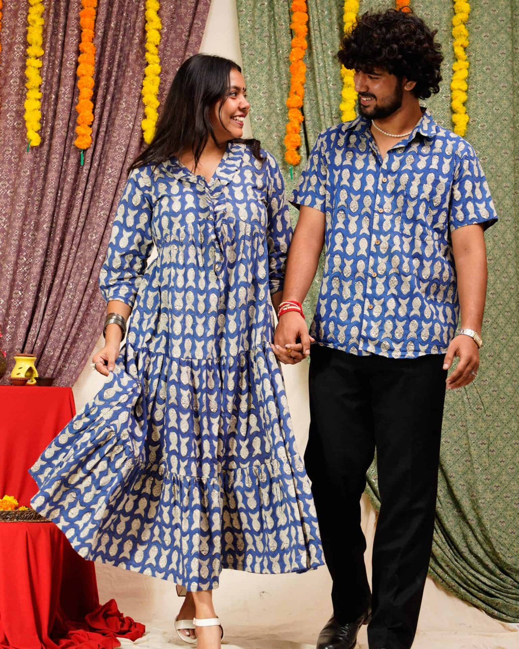 Blue Fish Print Long Frill Family Set