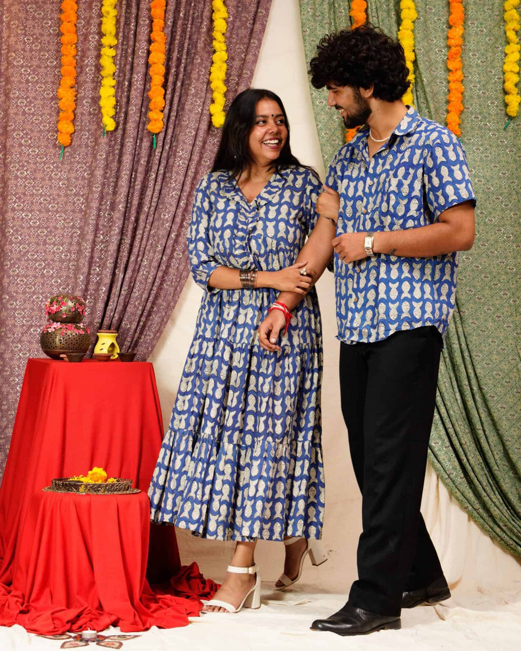 Blue Fish Print Long Frill Family Set