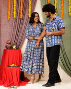 Blue Fish Print Long Frill Family Set