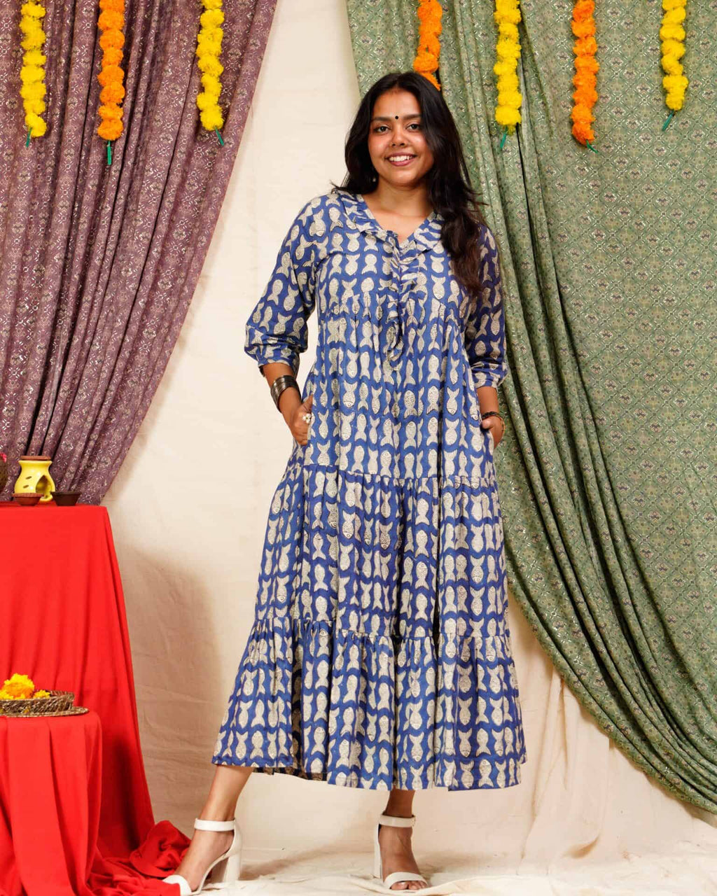 Blue Fish Print Long Frill Dress