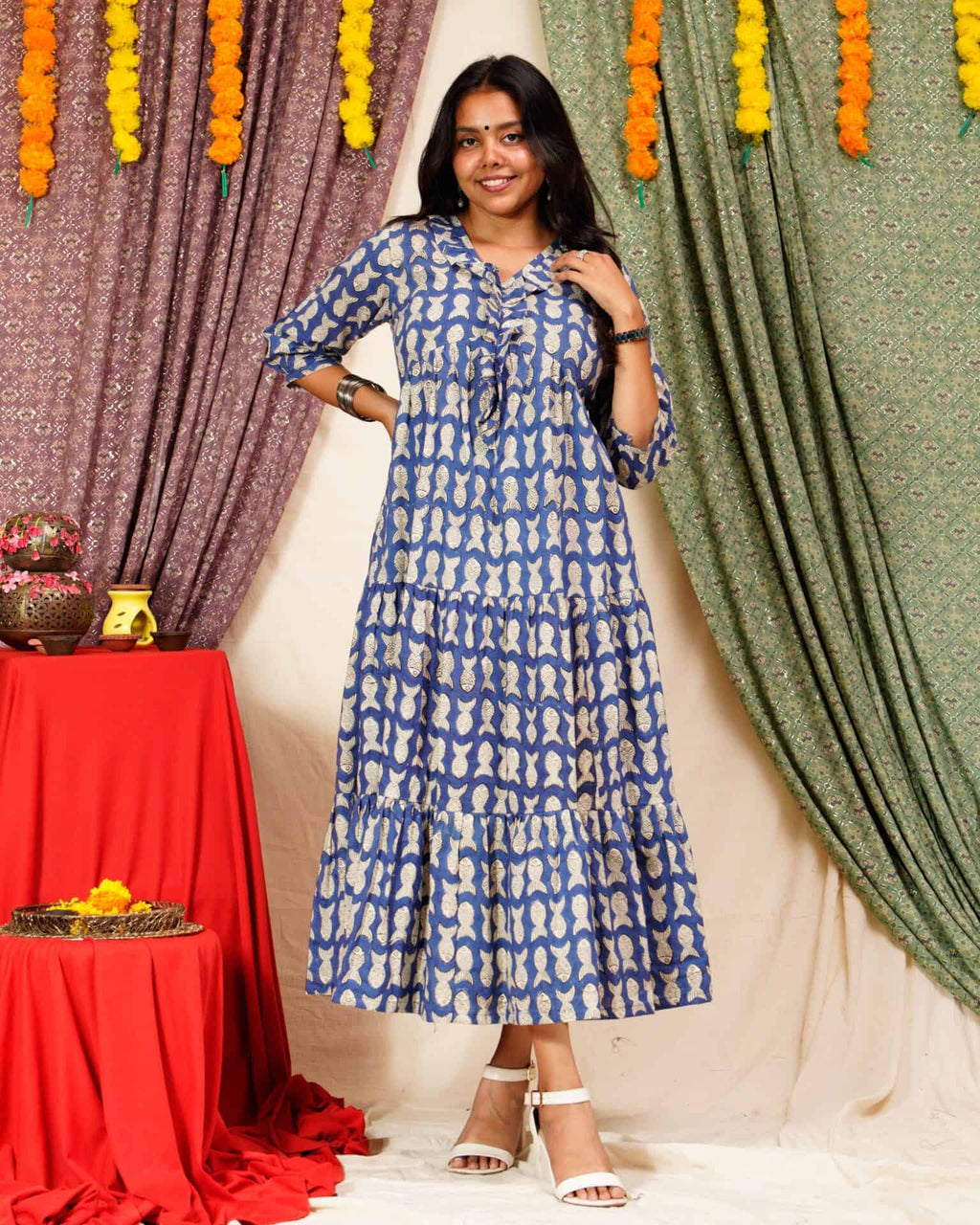 Blue Fish Print Long Frill Dress