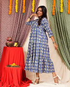 Blue Fish Print Long Frill Dress