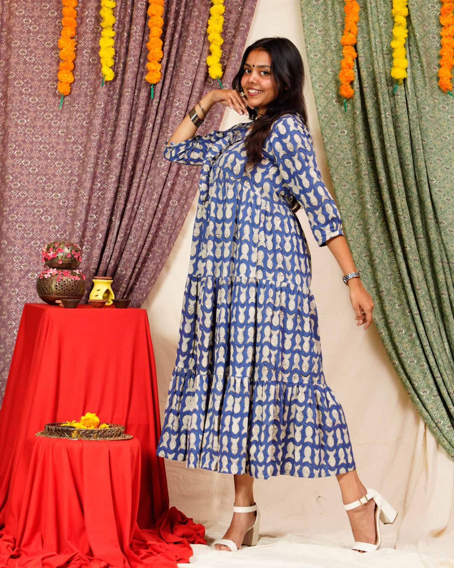 Blue Fish Print Long Frill Dress