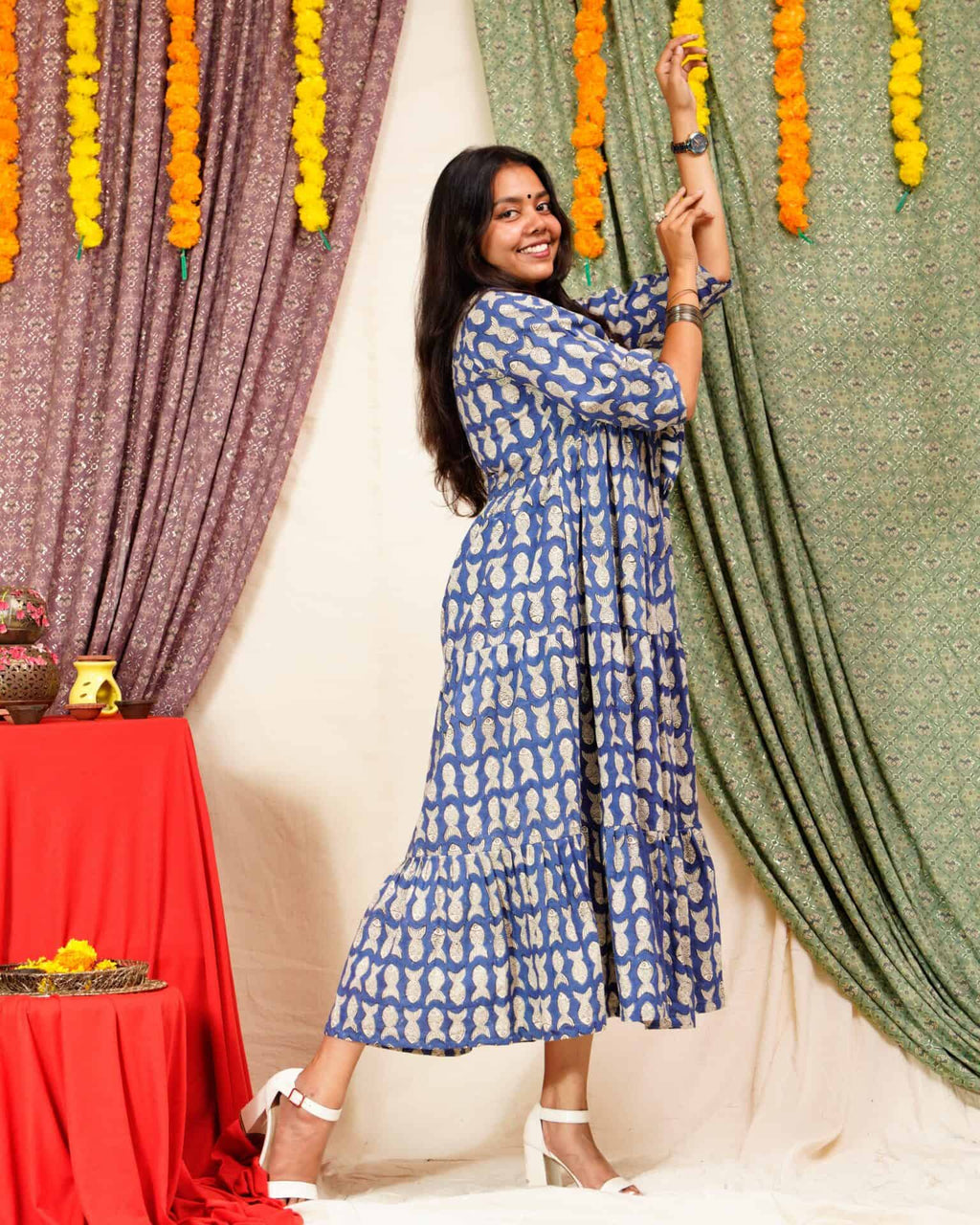 Blue Fish Print Long Frill Dress