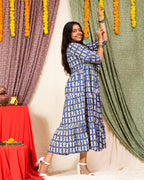 Blue Fish Print Long Frill Dress