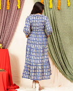Blue Fish Print Long Frill Dress