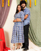 Blue Fish Print Long Frill Family Set