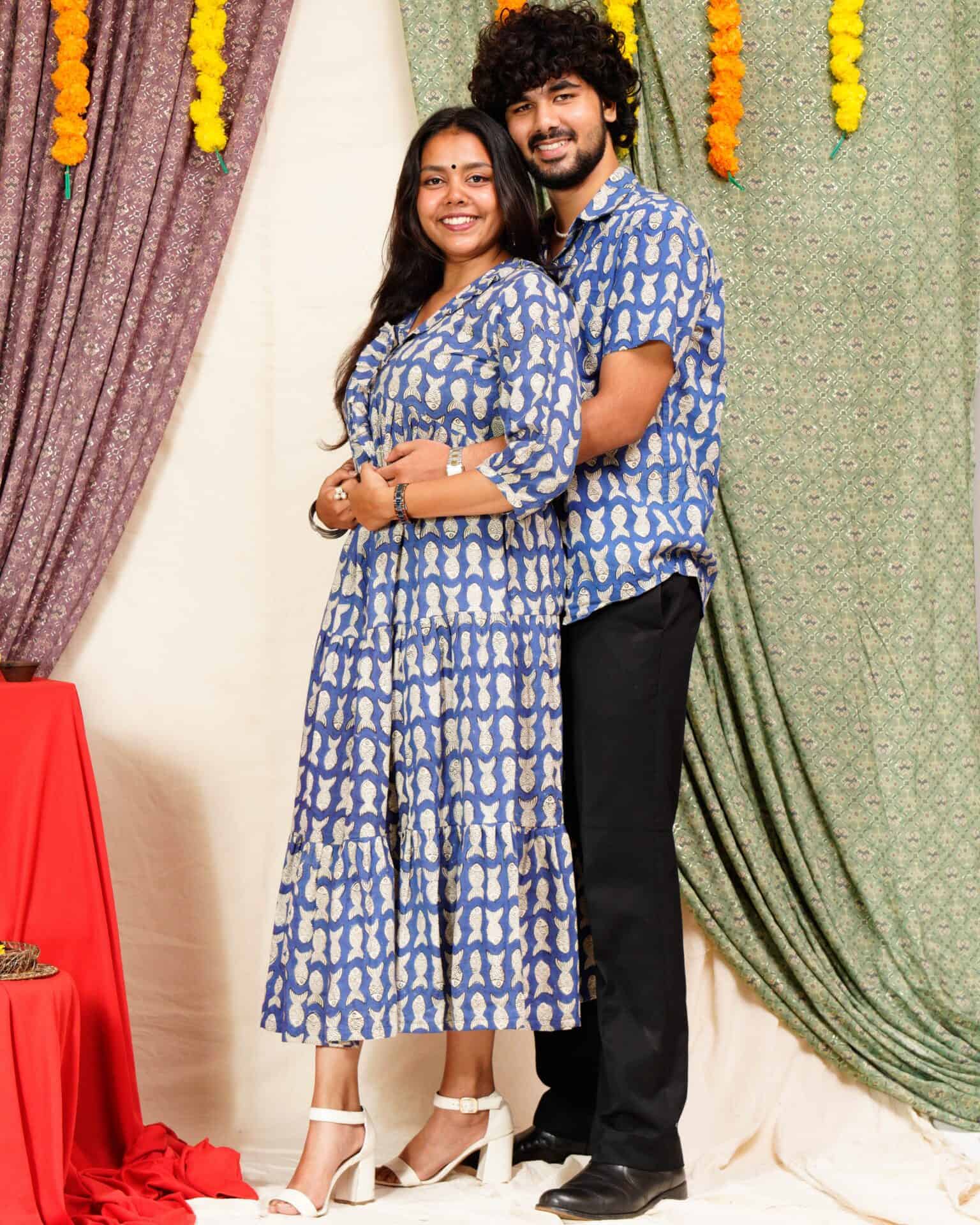 Blue Fish Print Long Frill Family Set