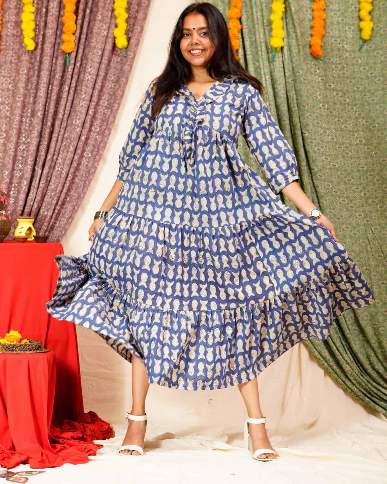 Blue Fish Print Long Frill Dress Main image