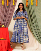 Blue Fish Print Long Frill Dress