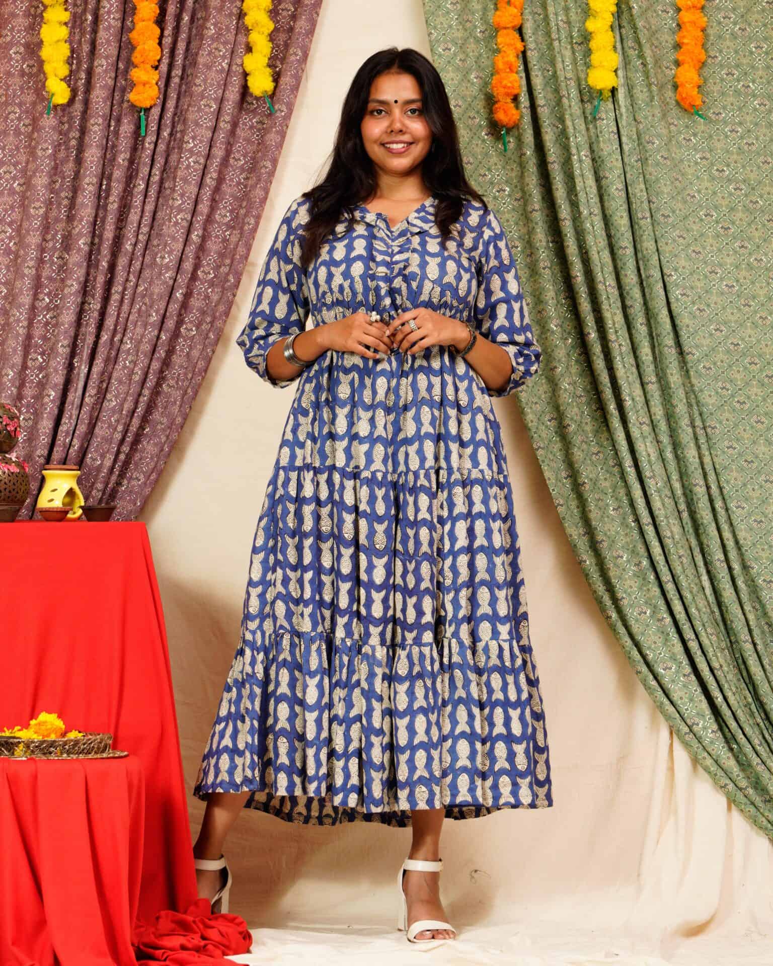 Blue Fish Print Long Frill Dress