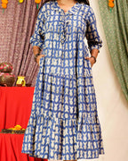 Blue Fish Print Long Frill Dress