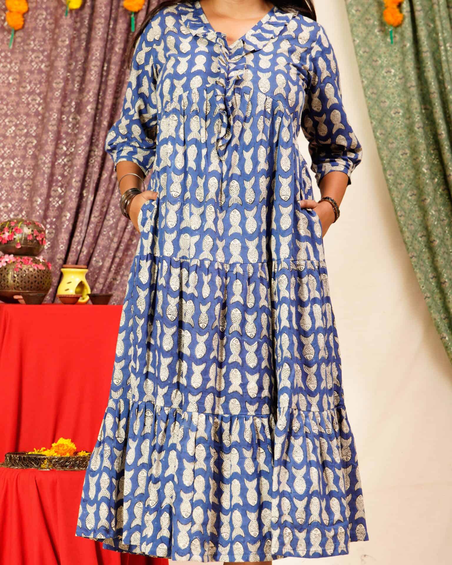 Blue Fish Print Long Frill Dress