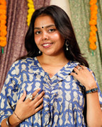 Blue Fish Print Long Frill Dress