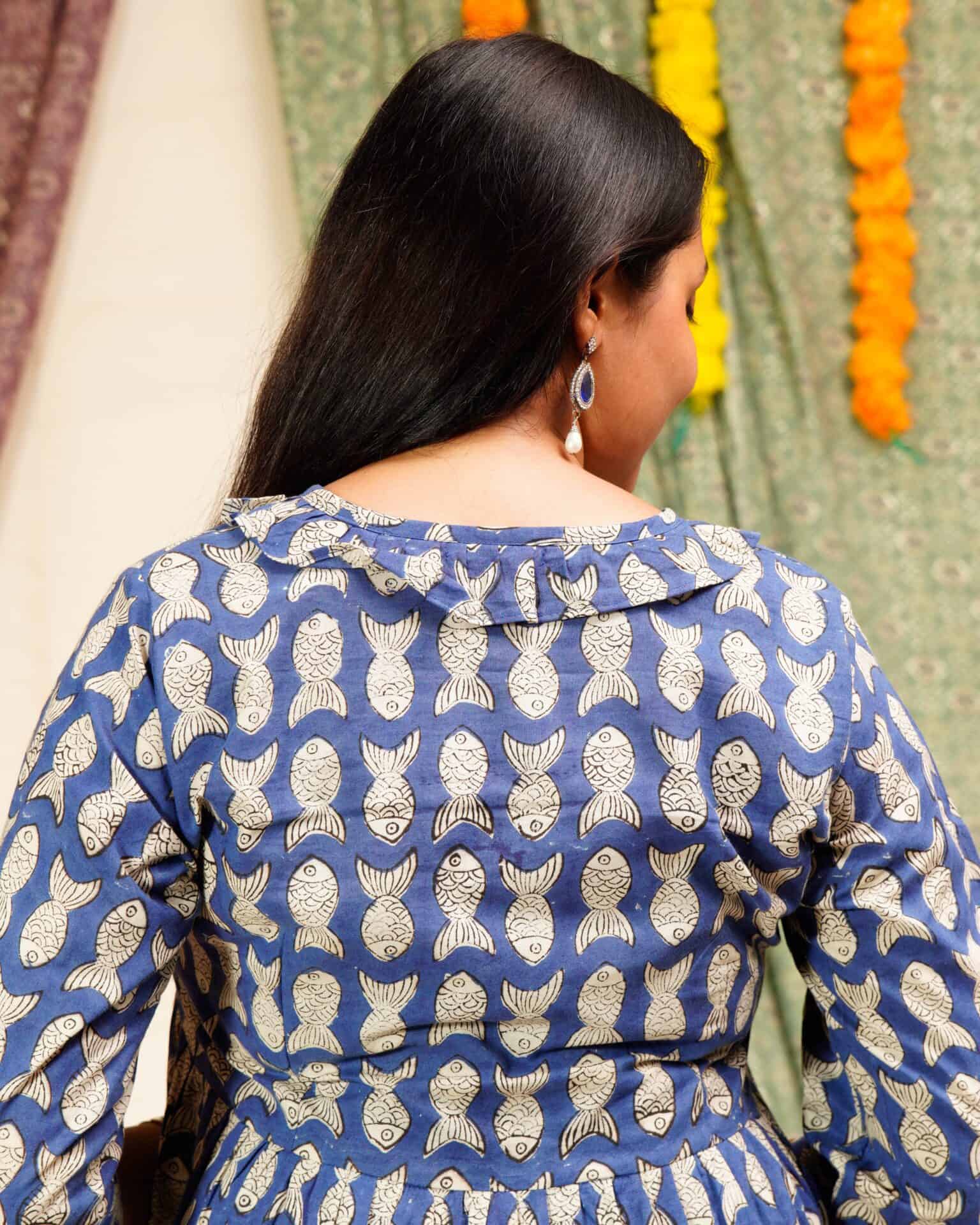 Blue Fish Print Long Frill Dress