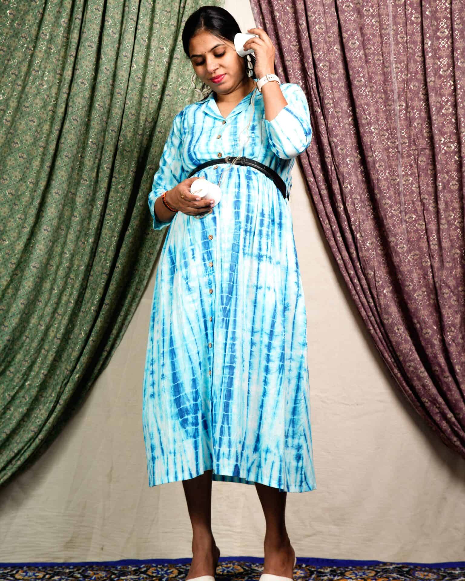 Blue Shibori Punch Maternity Dress
