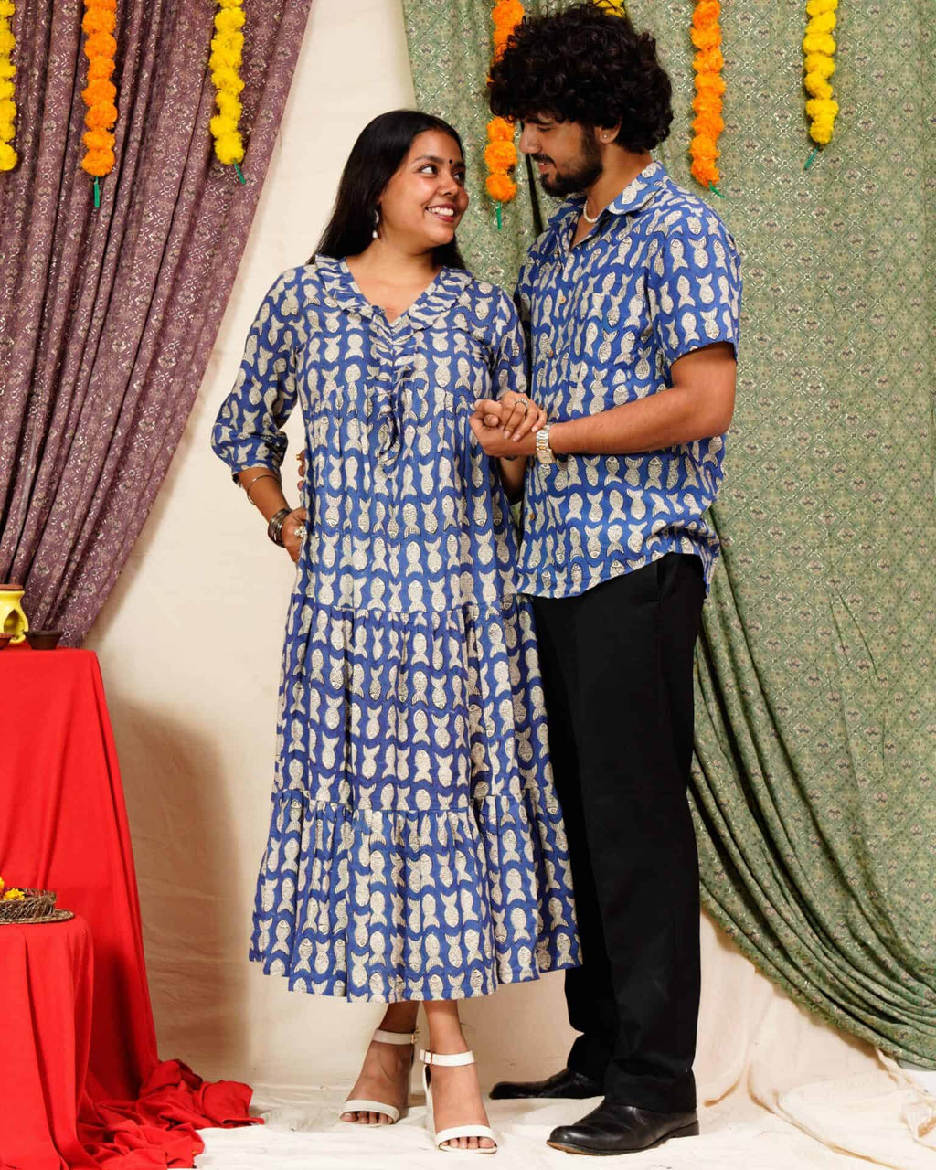 Blue Fish Print Long Frill Family Set