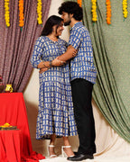 Blue Fish Print Long Frill Family Set