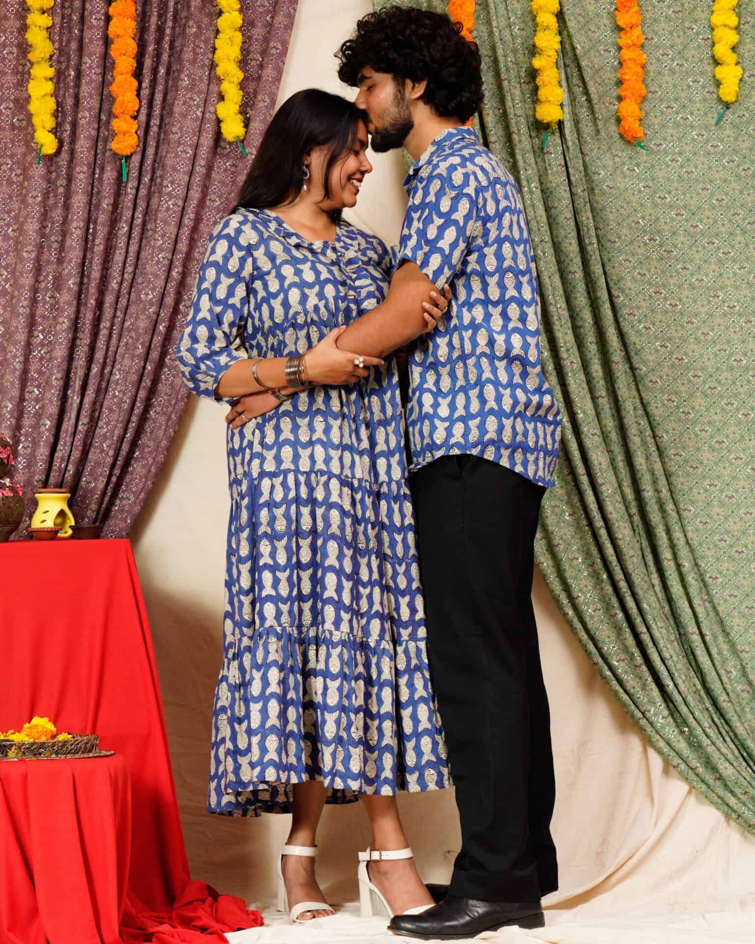 Blue Fish Print Long Frill Family Set