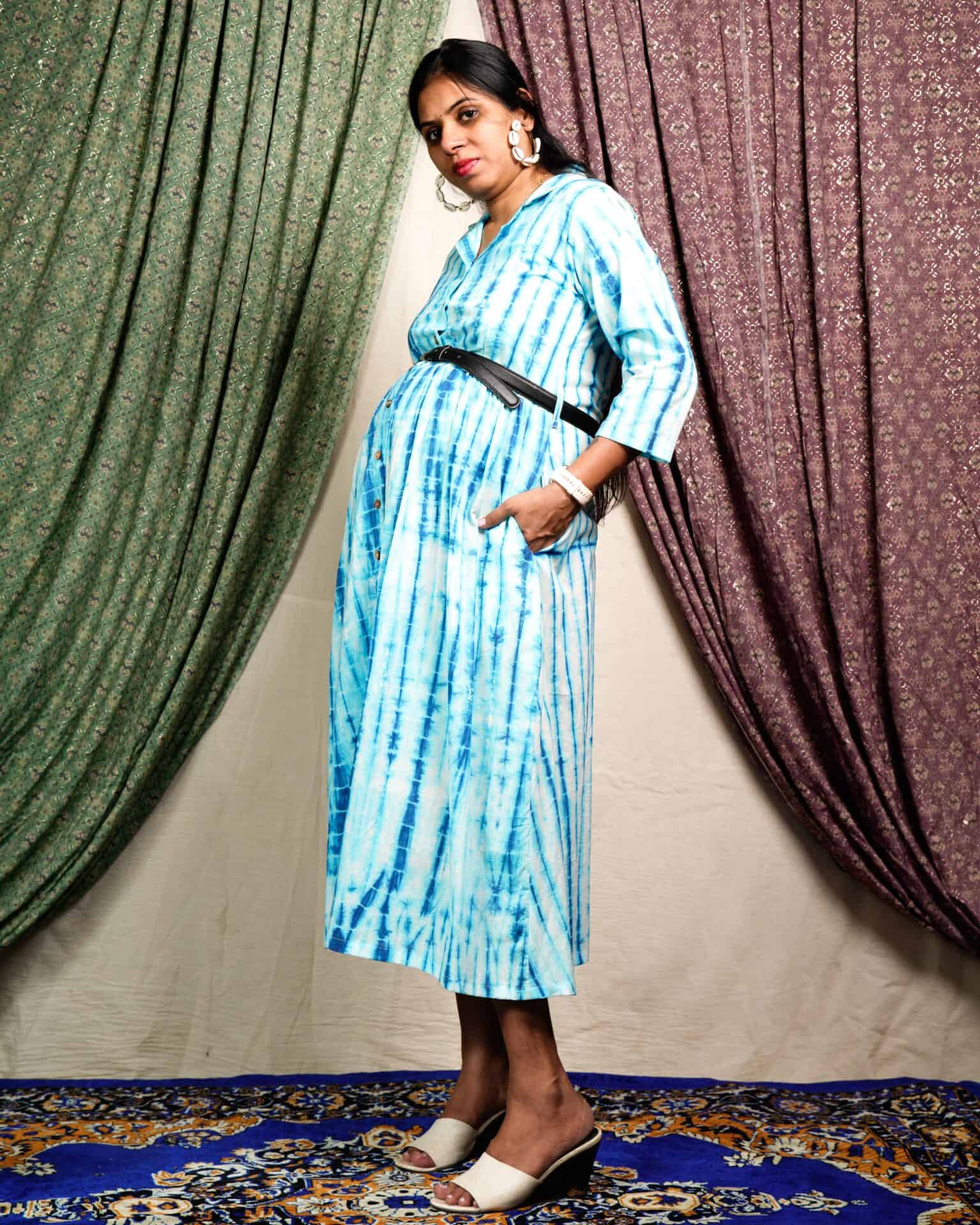 Blue Shibori Punch Maternity Dress
