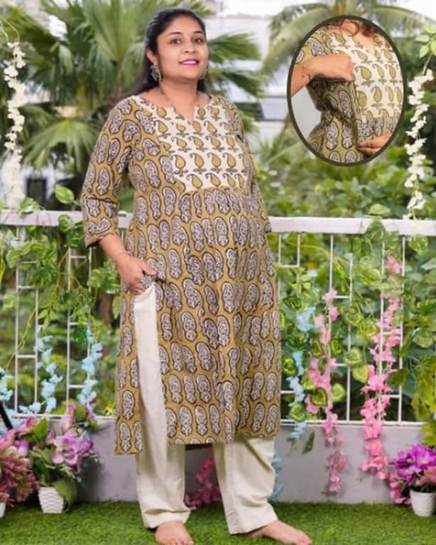 Mustard Block Print Maternity Kurti