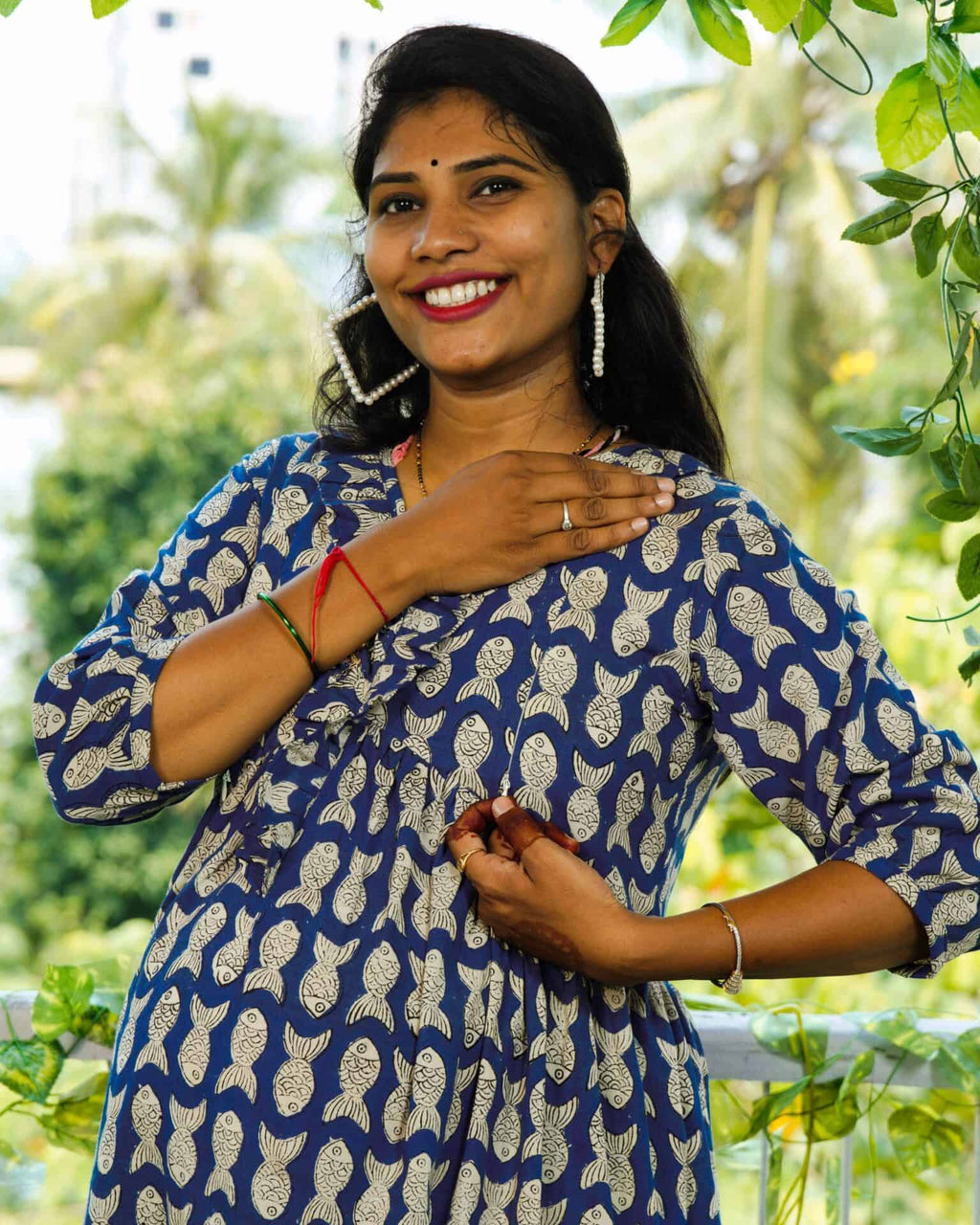 Blue Fish Print Long Frill Maternity Dress