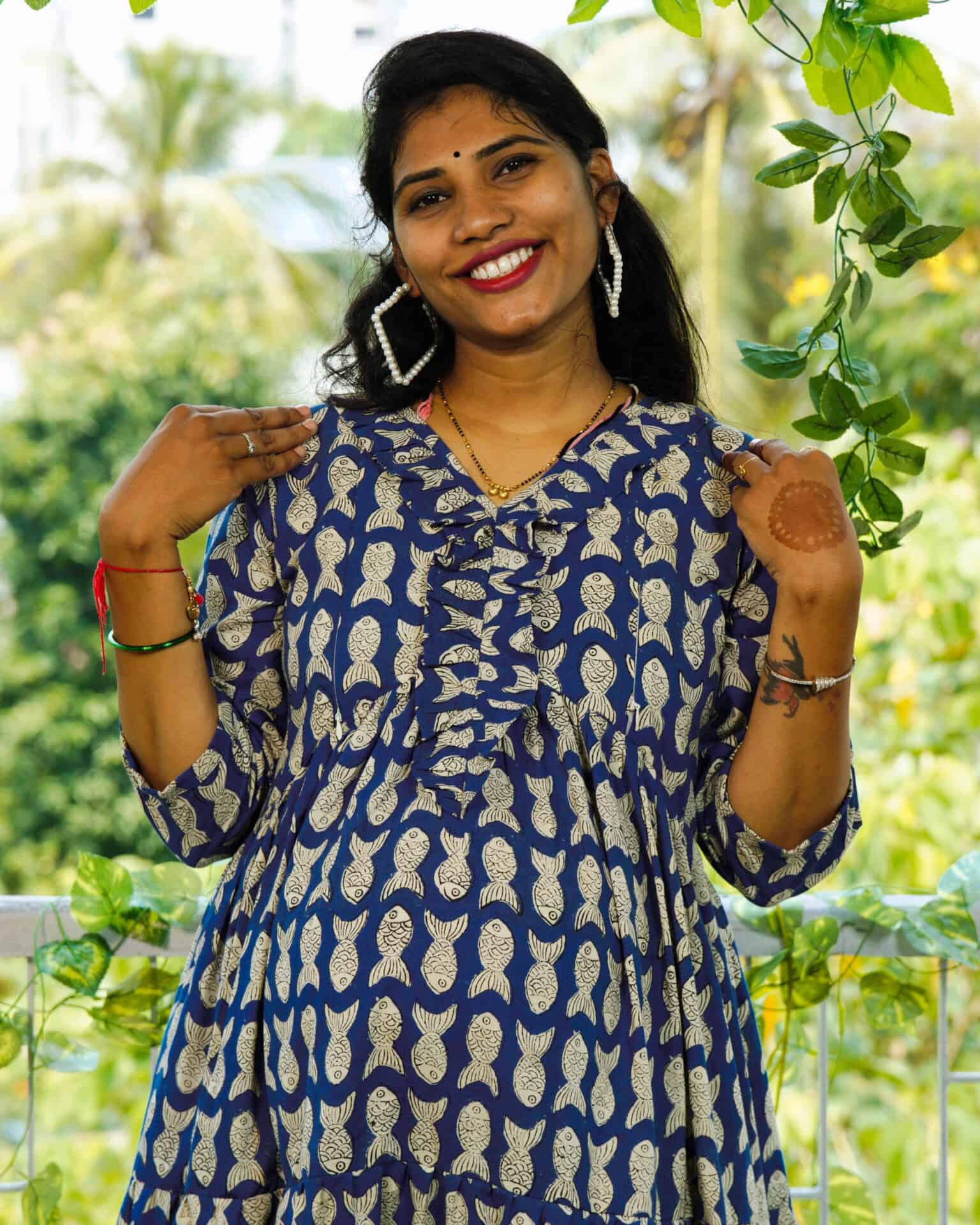 Blue Fish Print Long Frill Maternity Dress