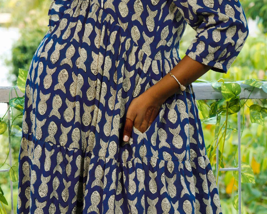 Blue Fish Print Long Frill Maternity Dress