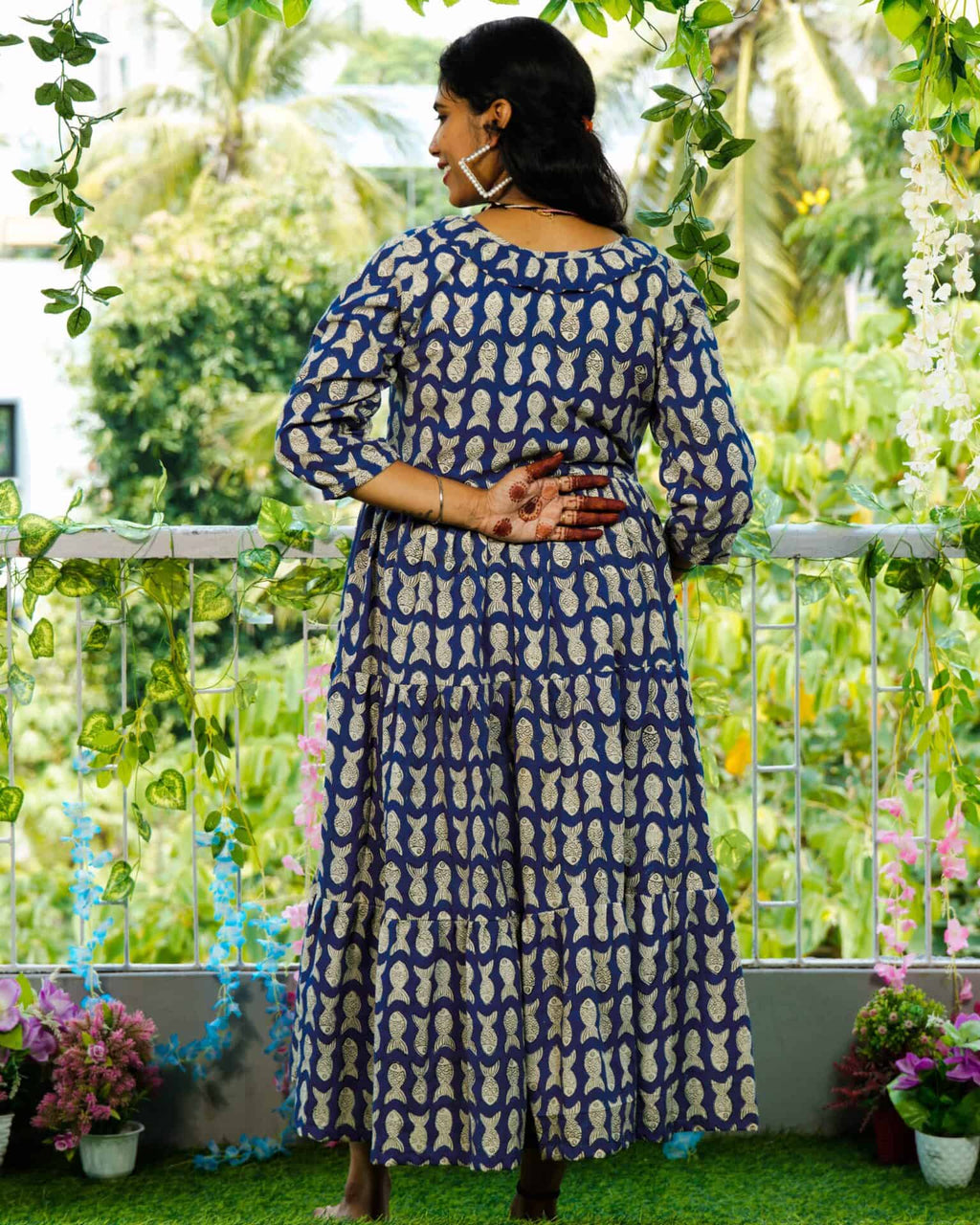 Blue Fish Print Long Frill Maternity Dress