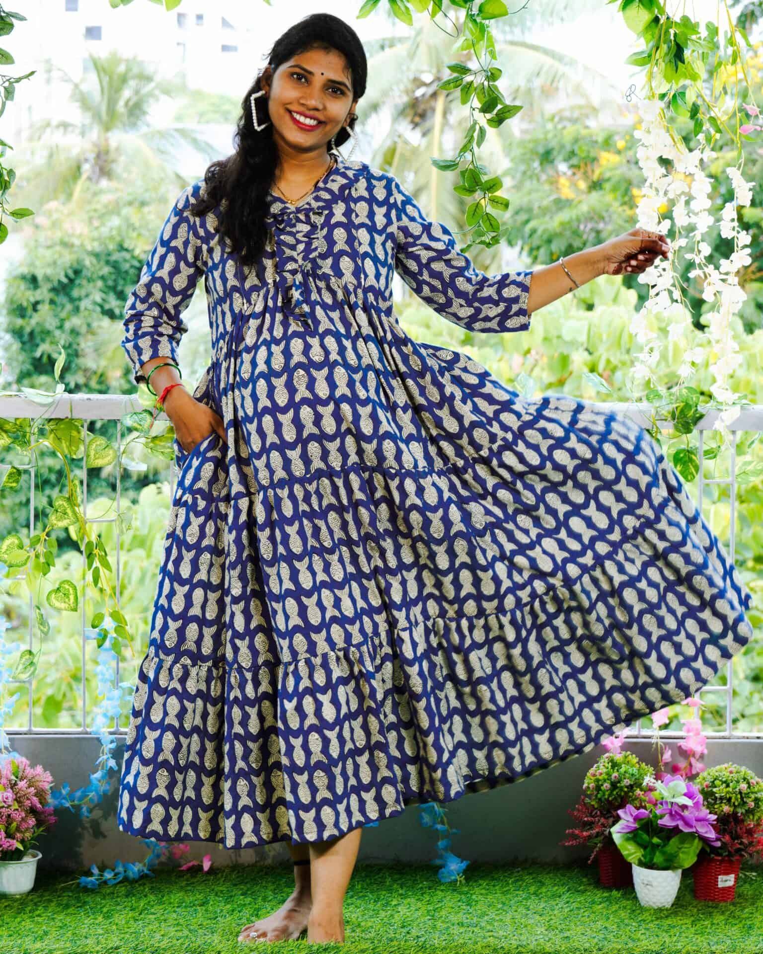 Blue Fish Print Long Frill Maternity Dress Secondary image