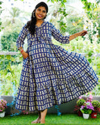 Blue Fish Print Long Frill Maternity Dress