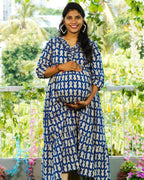 Blue Fish Print Long Frill Maternity Dress