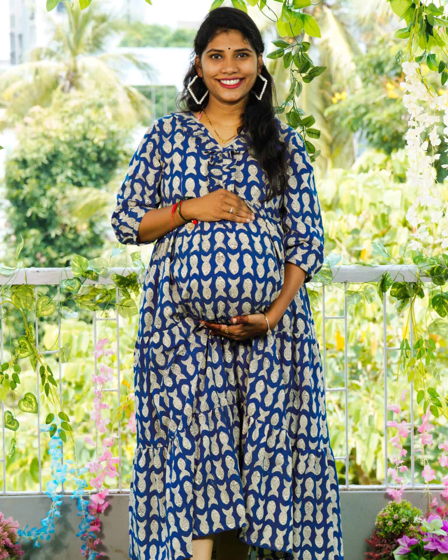 Blue Fish Print Long Frill Maternity Dress