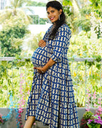 Blue Fish Print Long Frill Maternity Dress