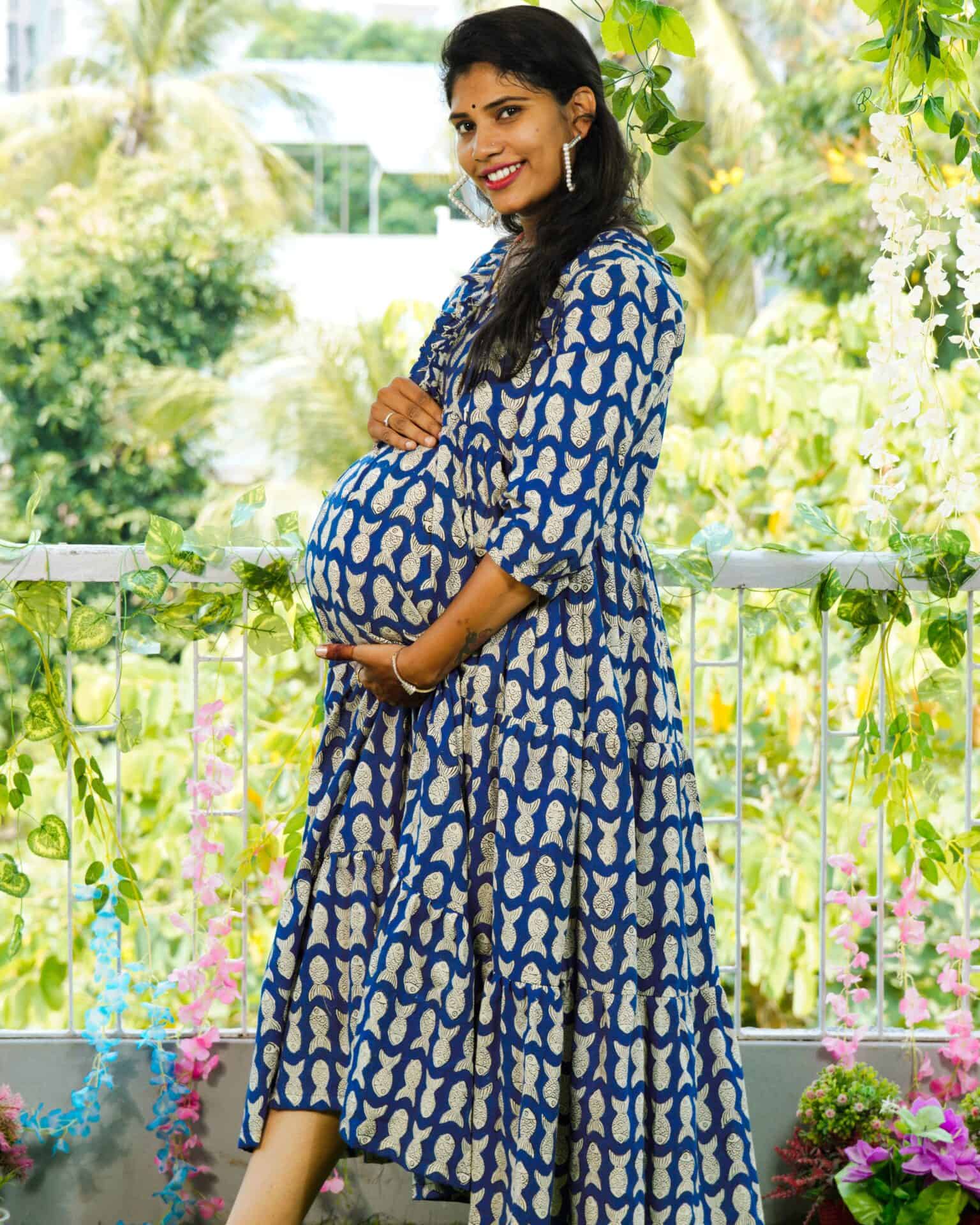 Blue Fish Print Long Frill Maternity Dress