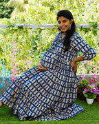 Blue Fish Print Long Frill Maternity Dress
