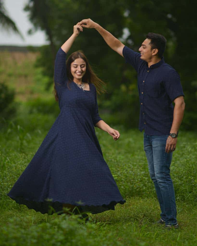 Ink Blue Cutwork Long Dress Couple