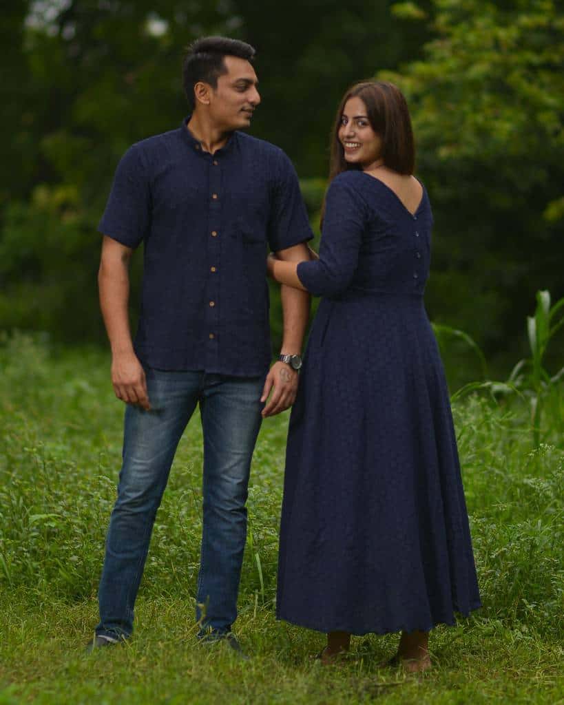 Ink Blue Cutwork Long Dress Couple
