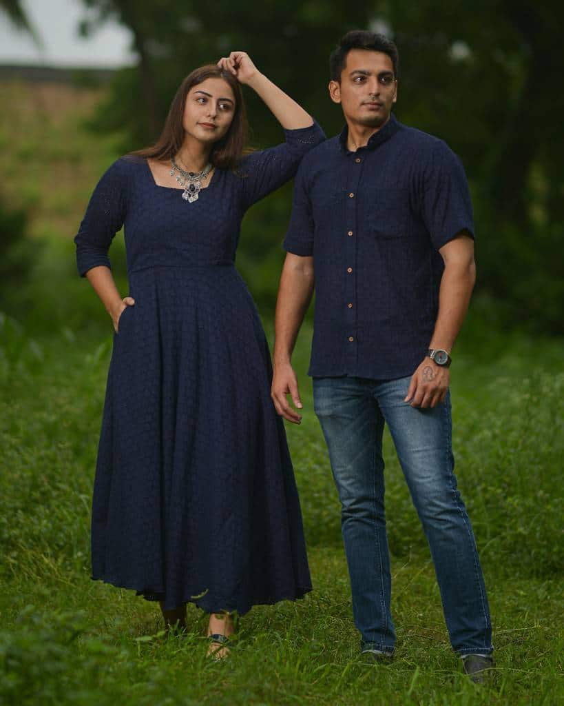 Ink Blue Cutwork Long Dress Couple