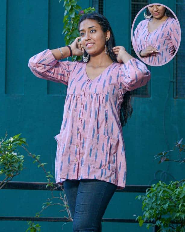Carnation Pink Ikat Short Nursing Kurti Main image