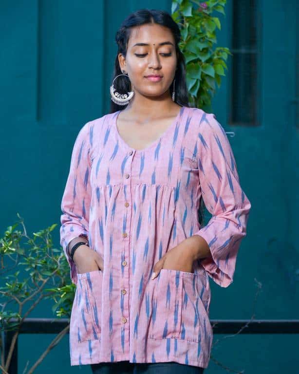 Carnation Pink Ikat Short Nursing Kurti