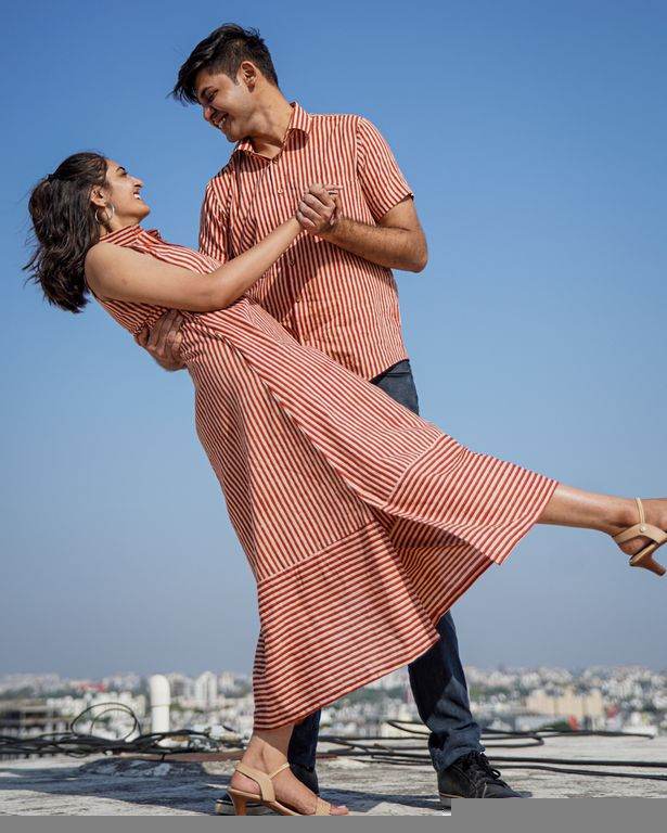 Brick Red Striped Halter Midi Couple Set