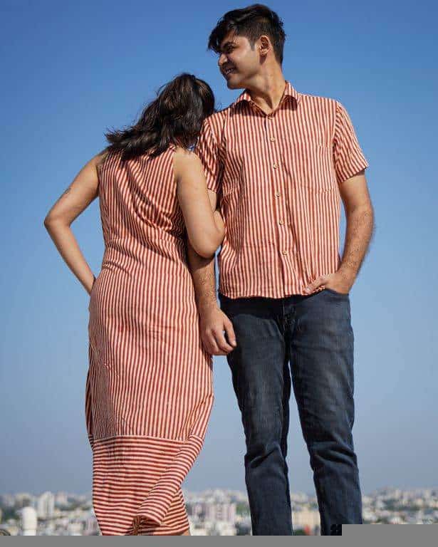 Brick Red Striped Halter Midi Couple Set