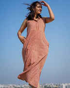 Brick Red Striped Halter Midi Maternity Dress
