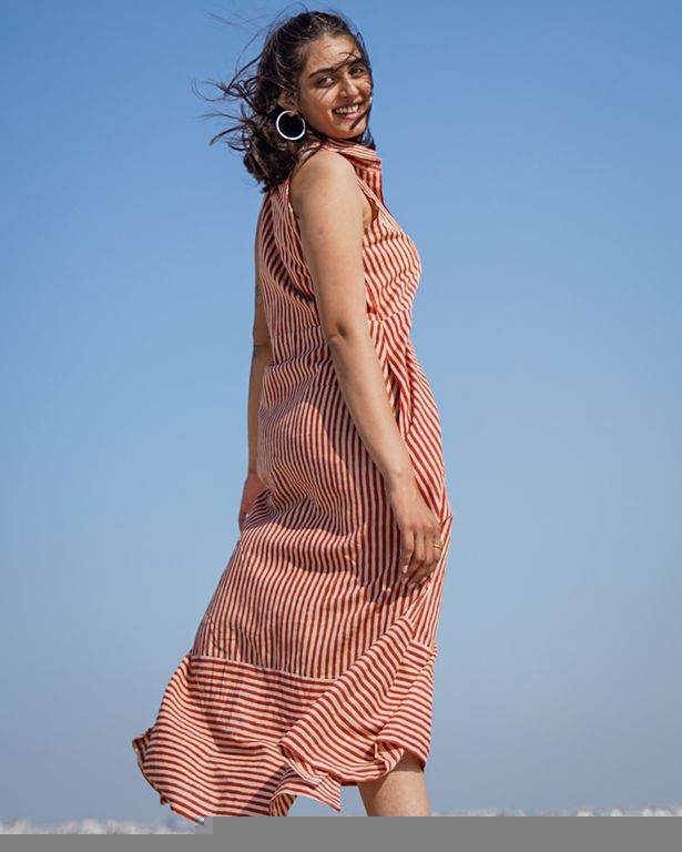 Brick Red Striped Halter Midi Dress