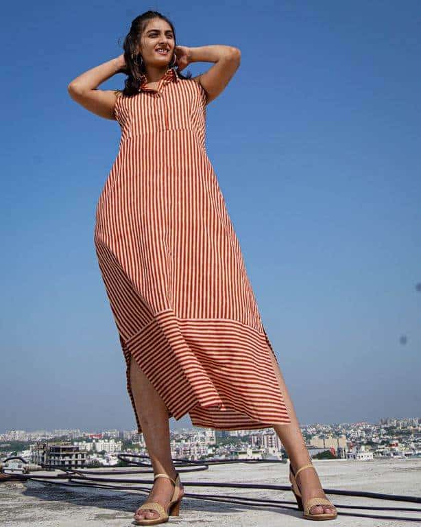 Brick Red Striped Halter Midi Maternity Dress