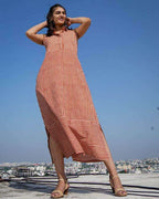 Brick Red Striped Halter Midi Maternity Dress